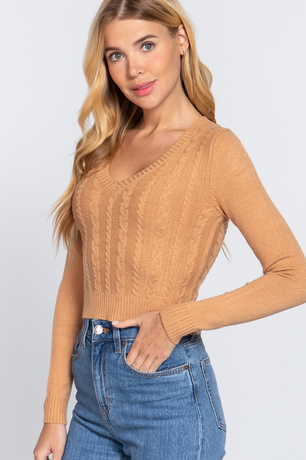 HoneyComb Yellow Long Sleeve V-neck Cable Crop Sweater Shirts & Tops jehouze 