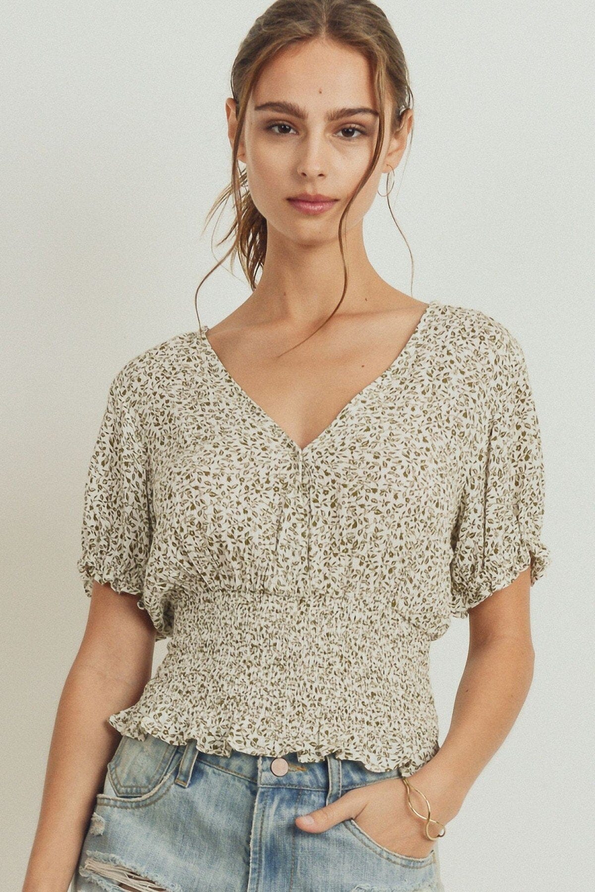 Ivory Olive Floral V neck short Puff Sleeve Smocked Waist Summer tops Shirts & Tops jehouze 