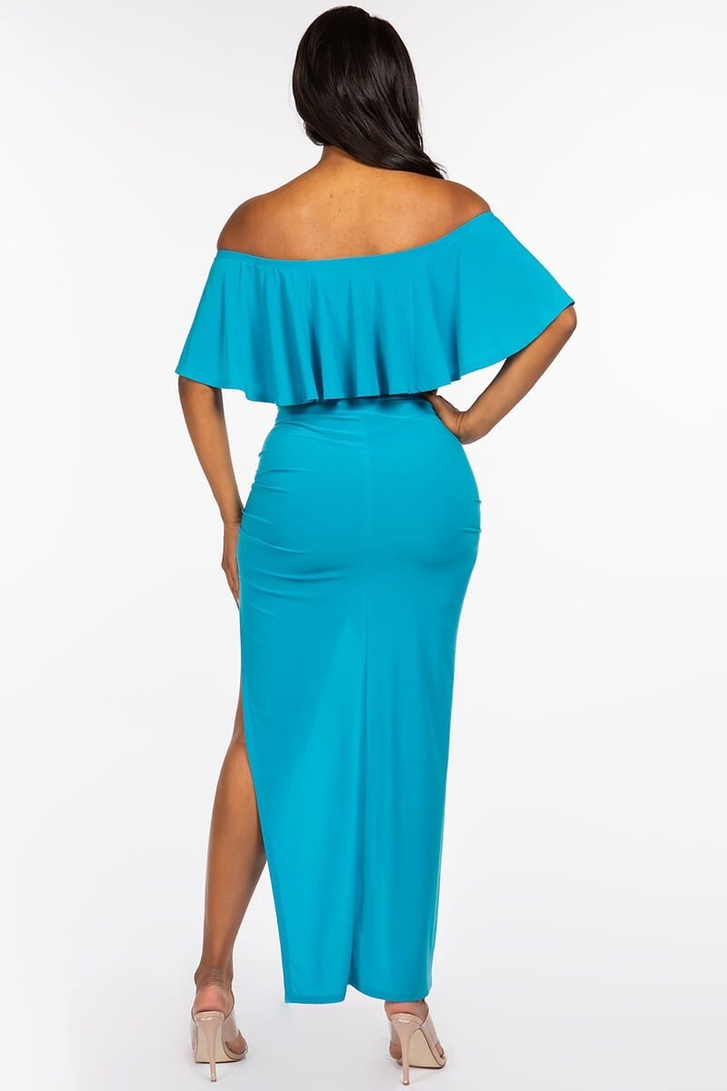 Jade Blue Off The Shoulder Ruffled Cropped Top And Ruched Maxi Skirt oufit Set Matching Sets jehouze 