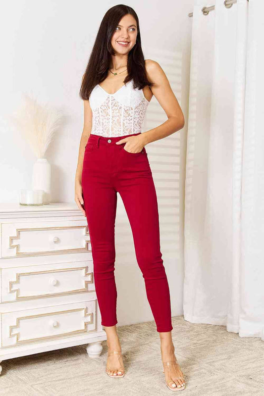 Judy Blue Deep Red High Waist Tummy Control Skinny Jeans jeans jehouze 