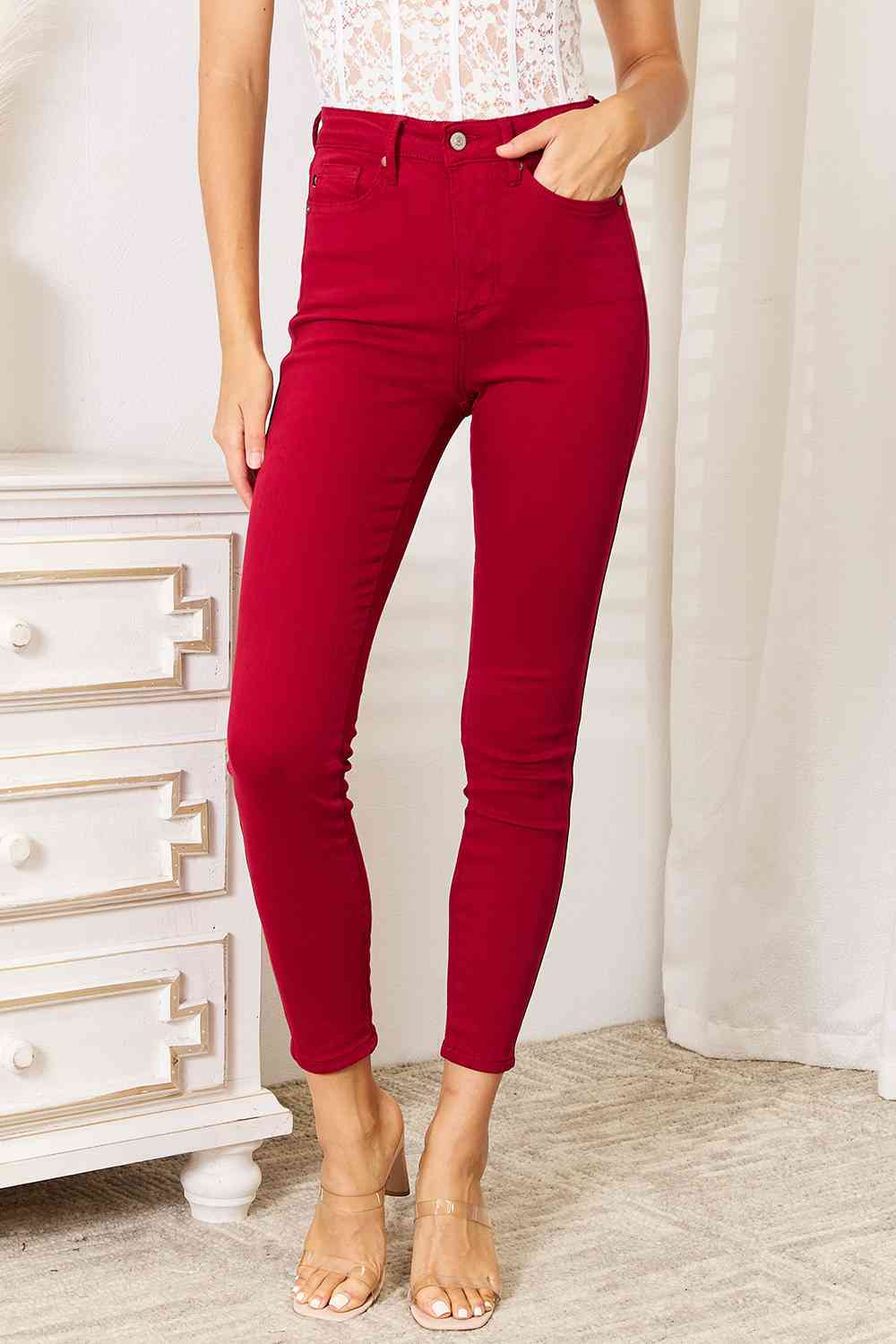 Judy Blue Deep Red High Waist Tummy Control Skinny Jeans jeans jehouze Deep Red 0(24) 