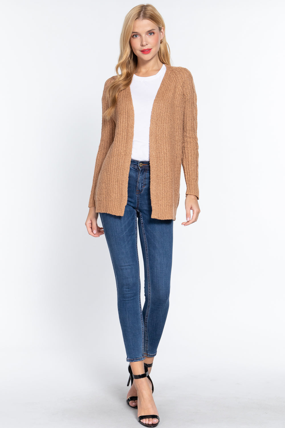 Khaki Long Sleeve Open Front Sweater Cardigan Coats & Jackets jehouze 