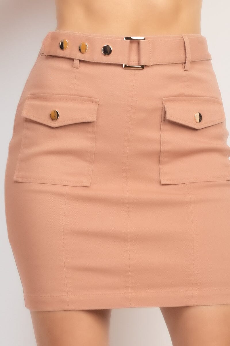 Light Caramel Brown Casual Belted High Rise Pocket Mini Skirt Bottoms jehouze 