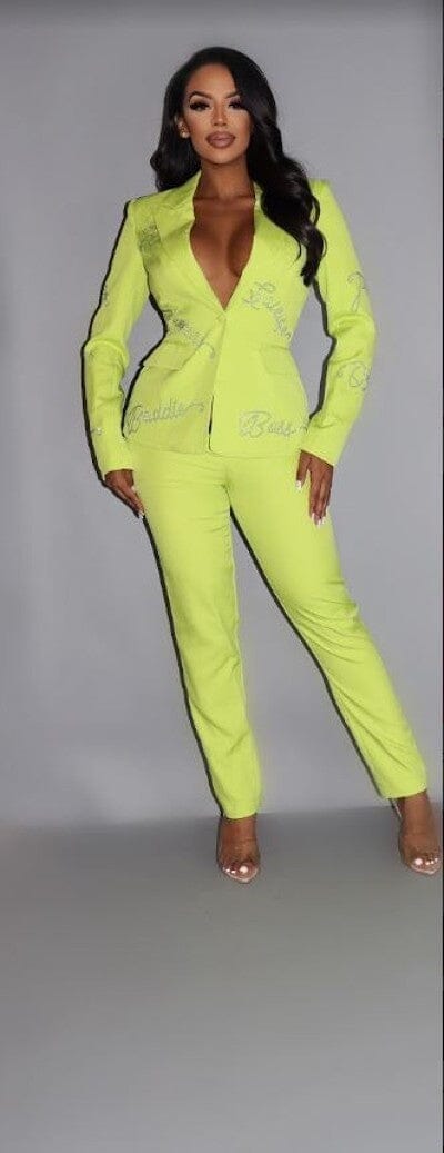 Lime Green Rhinestone letterings Long Sleeve blazer and pant set Outfit Sets jehouze 