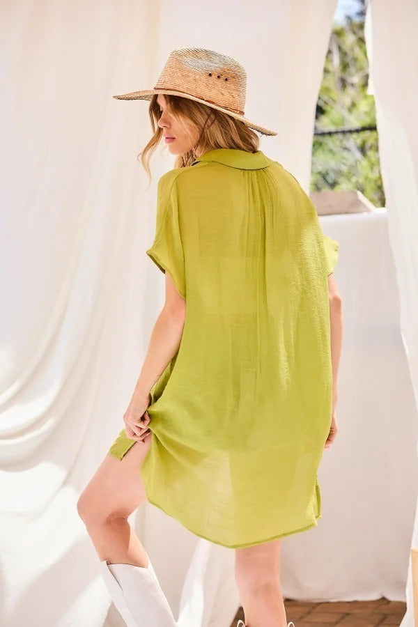 Lime Green Short Sleeve Collar Neck Button Down Robe Oversize Shirt Shirts & Tops jehouze 