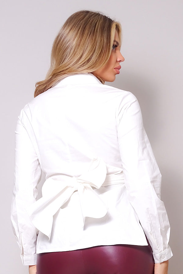 Long Sleeve Crossed Front Back Tie Button Down Cropped White Shirt Shirts & Tops jehouze 