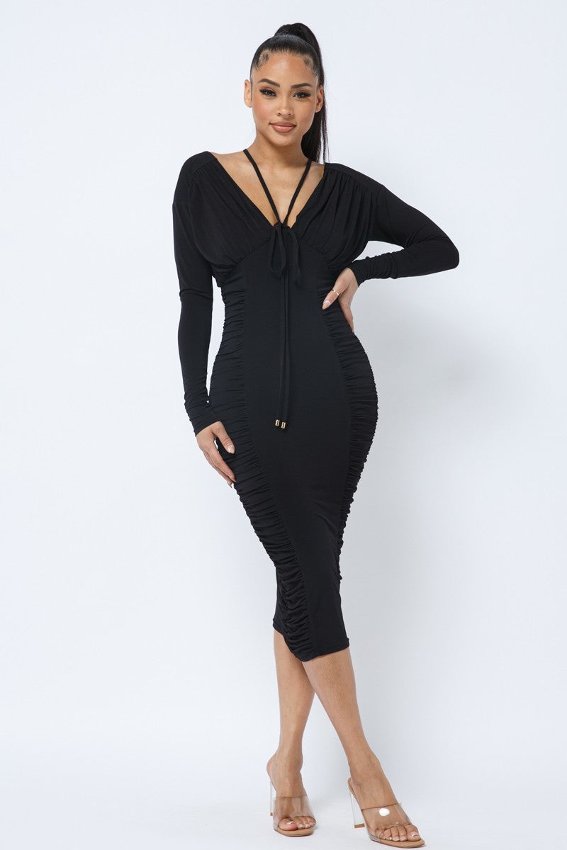 Long Sleeve Midi Dress With Low V Neck Front And Back With Ruching On Sides And Chest Dresses jehouze 