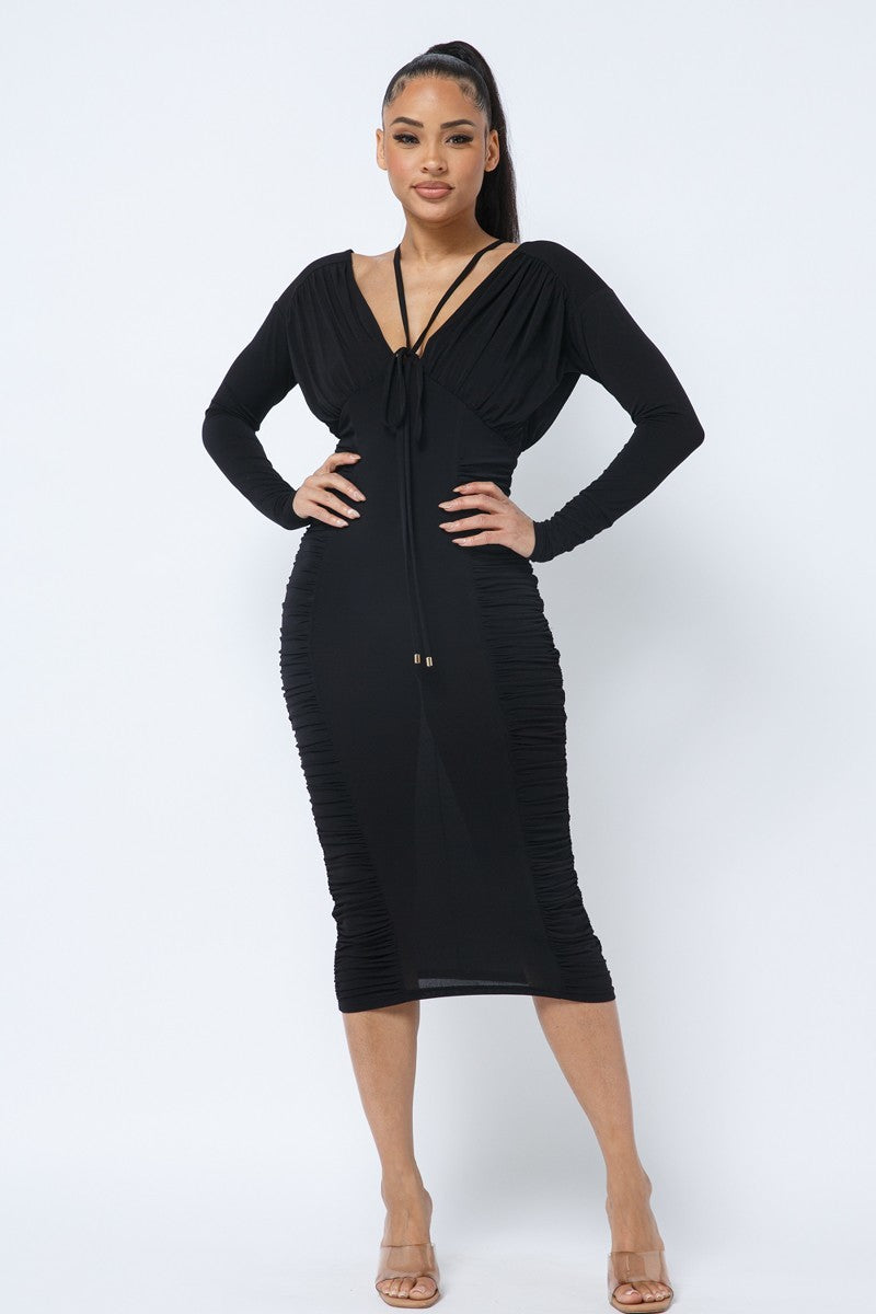 Long Sleeve Midi Dress With Low V Neck Front And Back With Ruching On Sides And Chest Dresses jehouze 