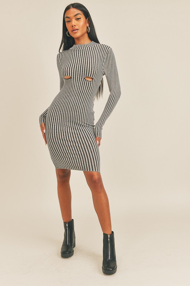 Long Sleeve Stripe Print Midi Dress Dresses jehouze 