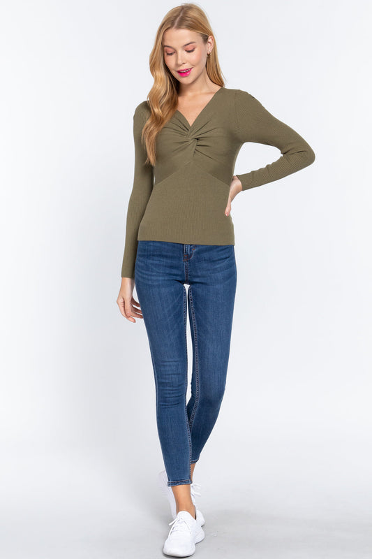 Long Slv V-neck Knotted Sweater Shirts & Tops jehouze 