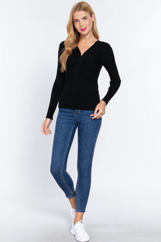 Long Slv V-neck Knotted Sweater Shirts & Tops jehouze 