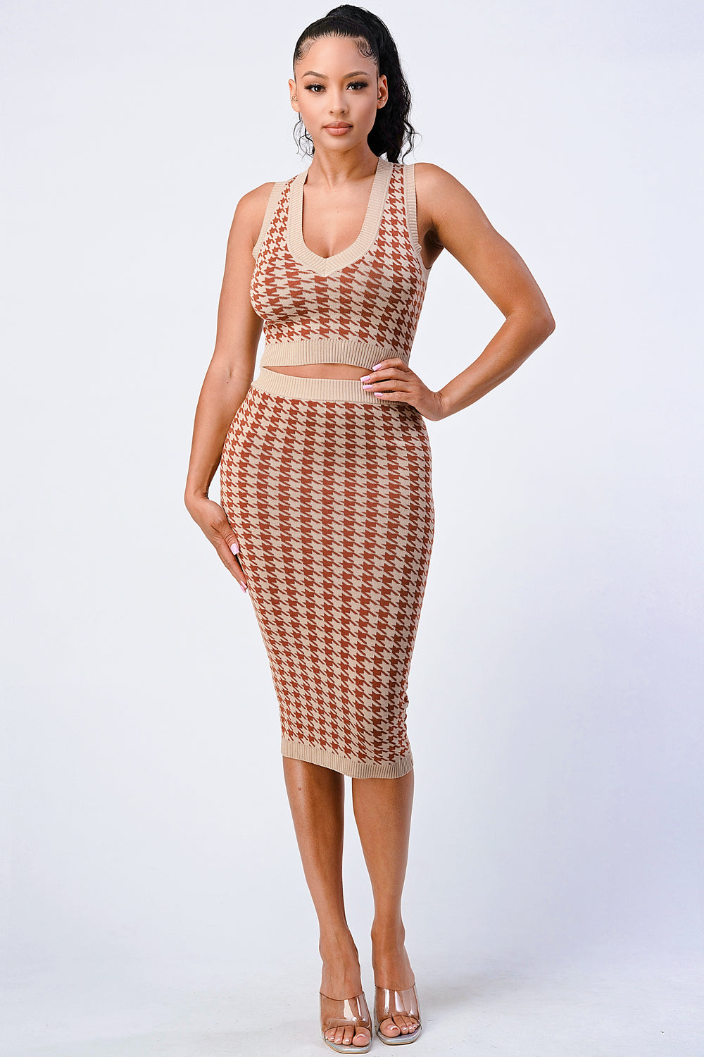 Luxe Gingham Rib Knit Taupe brown Top And Skirt Sets Matching Sets jehouze 