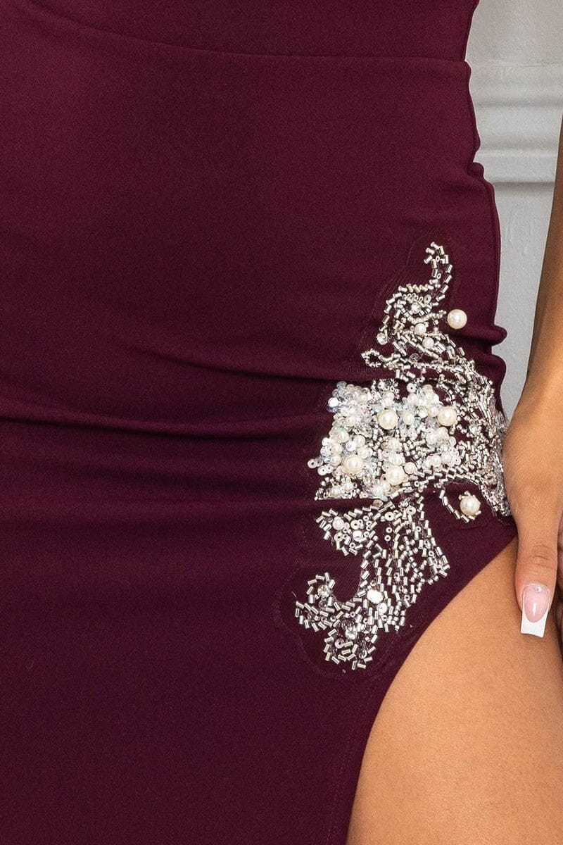 Maroon Sweetheart Strapless Beaded Embroidered Near Slit Detail Maxi Dress jehouze 