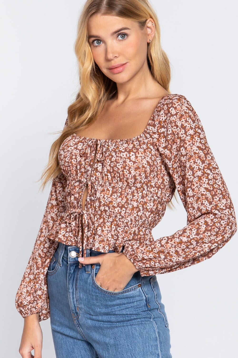 Mauve Brown Floral Casual Boho Square Neck Long Sleeve Front Shirring Ribbon Tie Woven Top Shirts & Tops jehouze 
