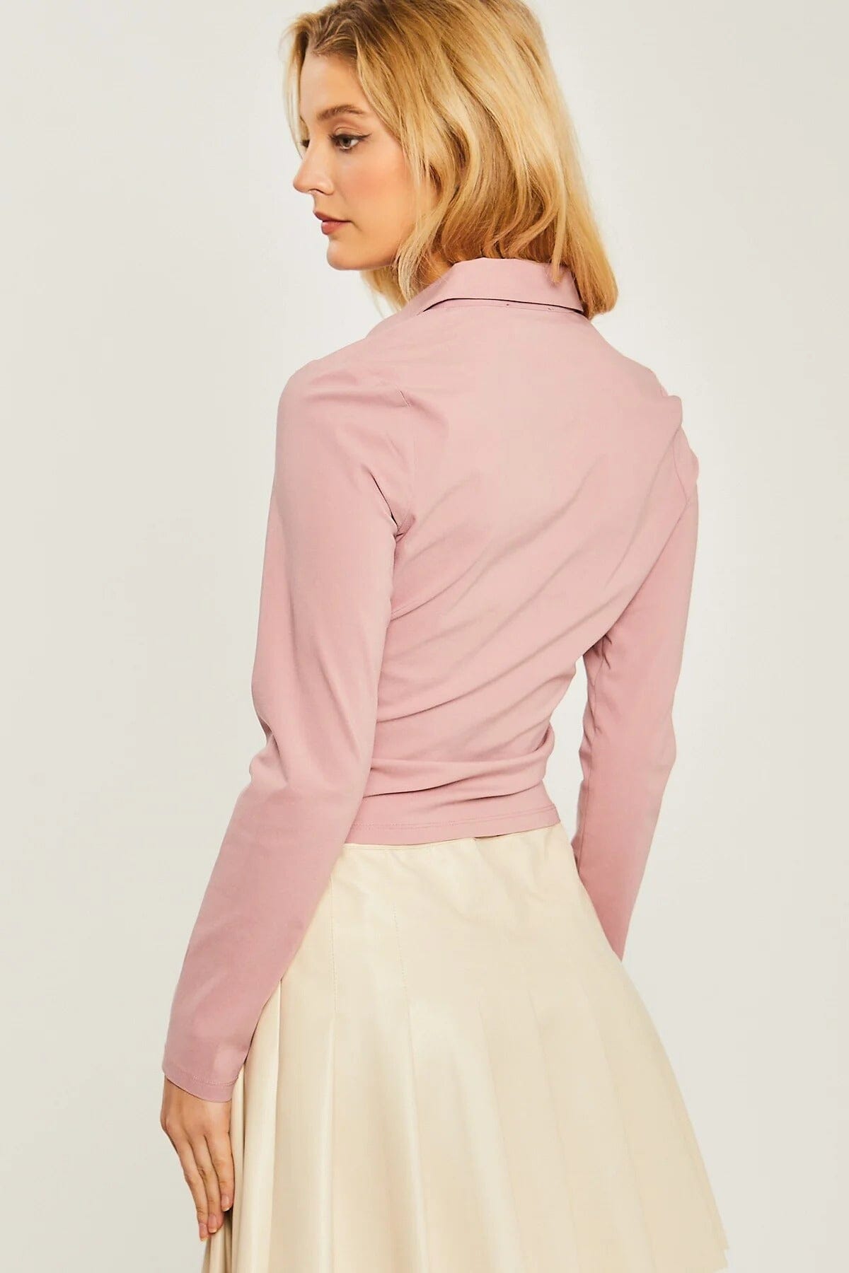 Mauve Pink Woven Ruched Front Button Down Collar Long Sleeve Slim Fit Crop Top Shirts Blouse Shirts & Tops jehouze 
