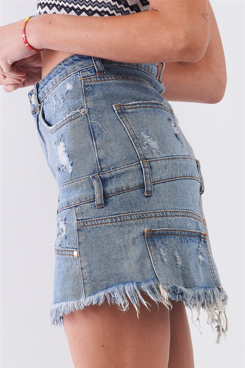 Medium Blue Denim High-waist Distressed Effect Asymmetrical Trim Raw Hem Detail Mini Skirt Skirts jehouze 