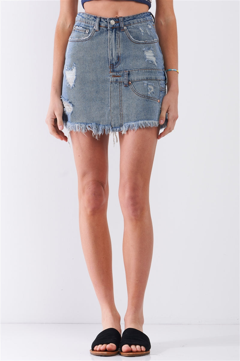 Medium Blue Denim High-waist Distressed Effect Asymmetrical Trim Raw Hem Detail Mini Skirt Skirts jehouze 