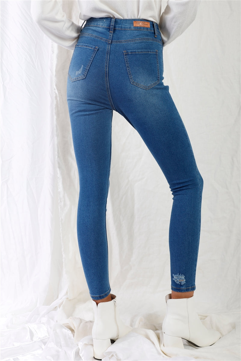 Mid Blue High-waisted With Rips Skinny Denim Jeans jeans jehouze 