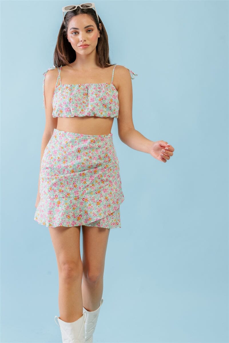 Mint Fuchsia Print Cotton Sleeveless Strappy Crop Top & High Waist Wrap Hem Mini Skirt Set Outfit Sets jehouze 
