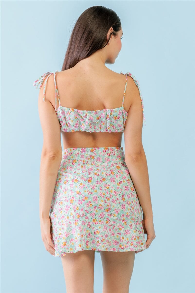 Mint Fuchsia Print Cotton Sleeveless Strappy Crop Top & High Waist Wrap Hem Mini Skirt Set Outfit Sets jehouze 