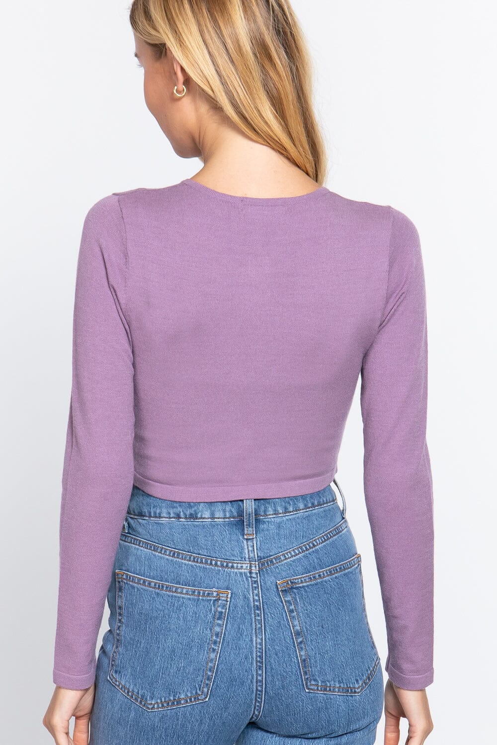 Misty Lavender Purple Button Down Round Neck Long Sleeve Cropped Cardigan Sweaters Shirts & Tops jehouze 