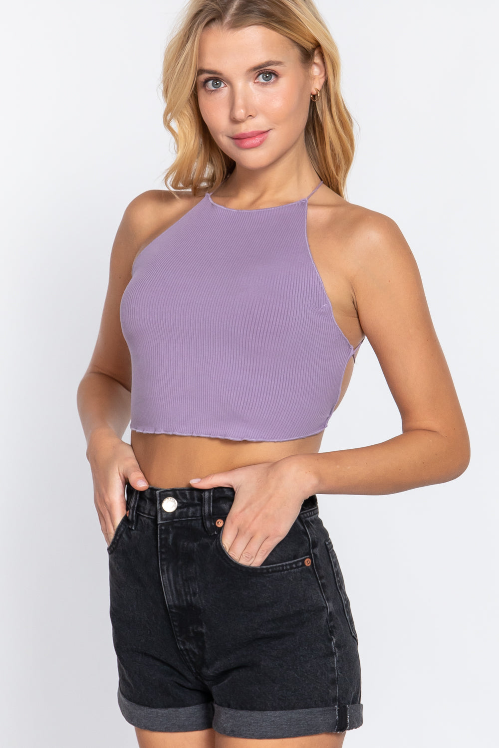 Misty Lavender Purple Lace Up Open Cross Back Crop Cami Top Shirts & Tops jehouze 
