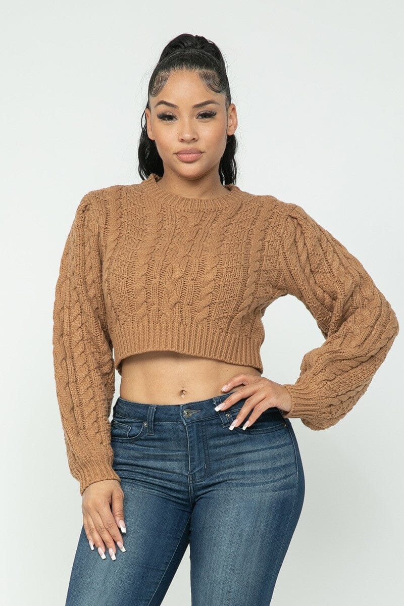 Mocha Brown Cropped Long Sleeve Cable Pullover Sweater Top jehouze 