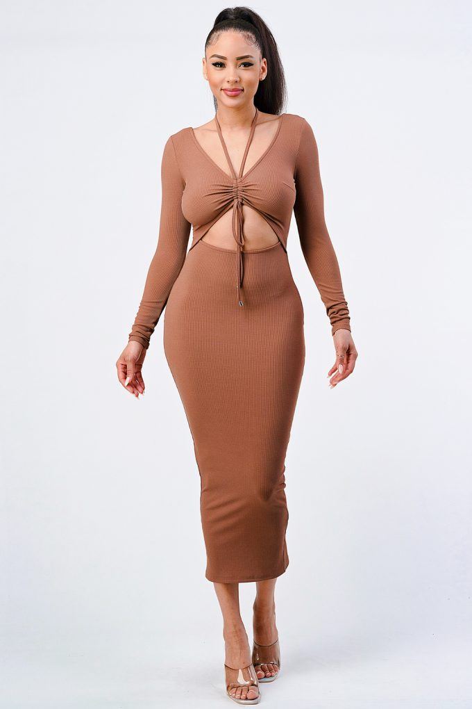 Mocha Brown Long Sleeve Front Cut out Shirring Pencil Midi Dress Dresses jehouze 