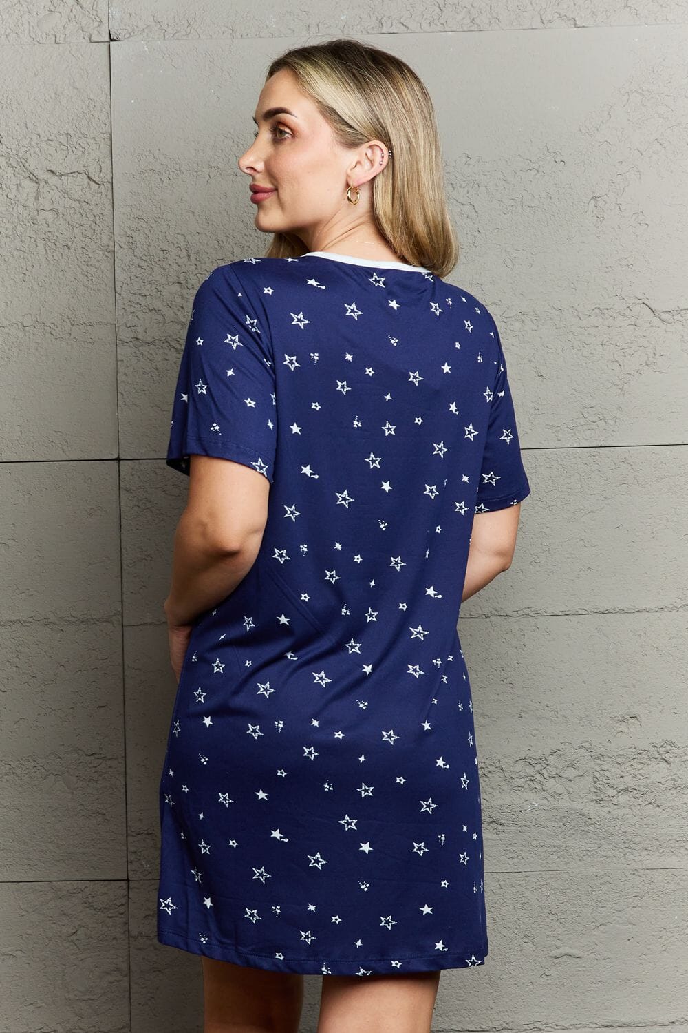 MOON NITE Navy Blue V neck Short Sleeves Quilted Quivers Button Down Sleepwear Stretchy Dress Sleepwear & Loungewear jehouze 