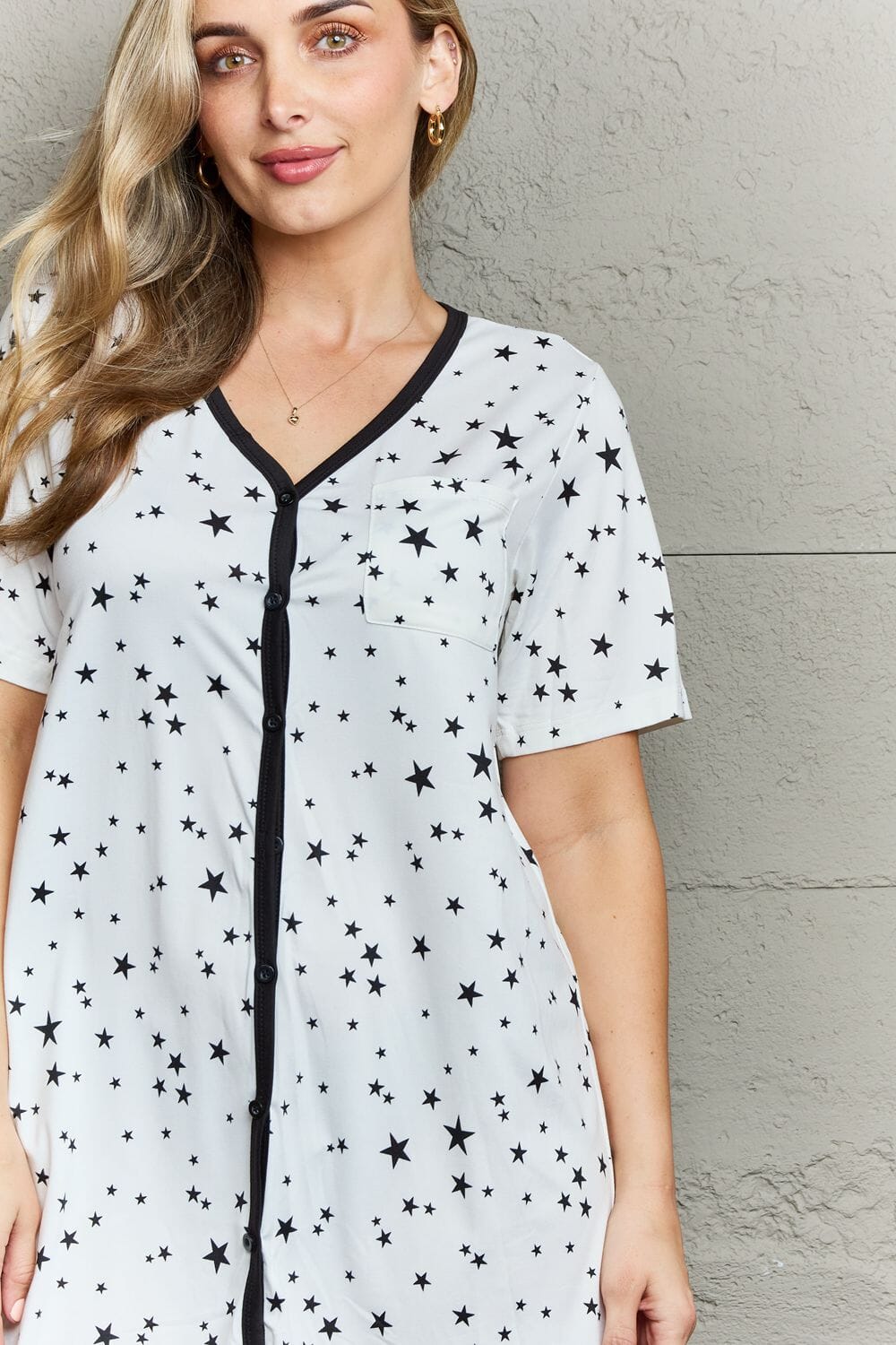 MOON NITE White Star V neck Short Sleeves Quilted Quivers Button Down Sleepwear Stretchy Dress Sleepwear & Loungewear jehouze 