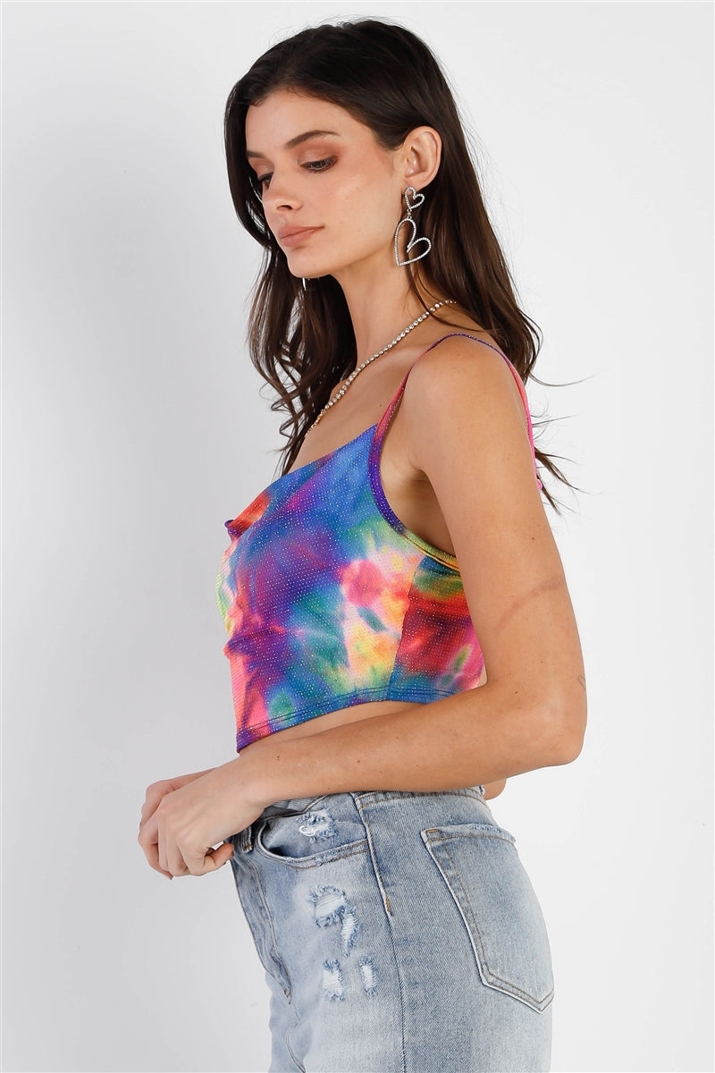 Multi Color Neon Tie-dye Lurex Cowl Neck Sleeveless Crop Top Shirts & Tops jehouze 