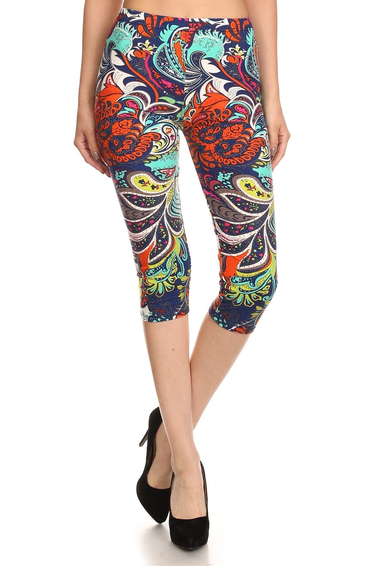 Multi-color Ornate Print Cropped Length Fitted Leggings With High Elastic Waist. Bottoms jehouze 