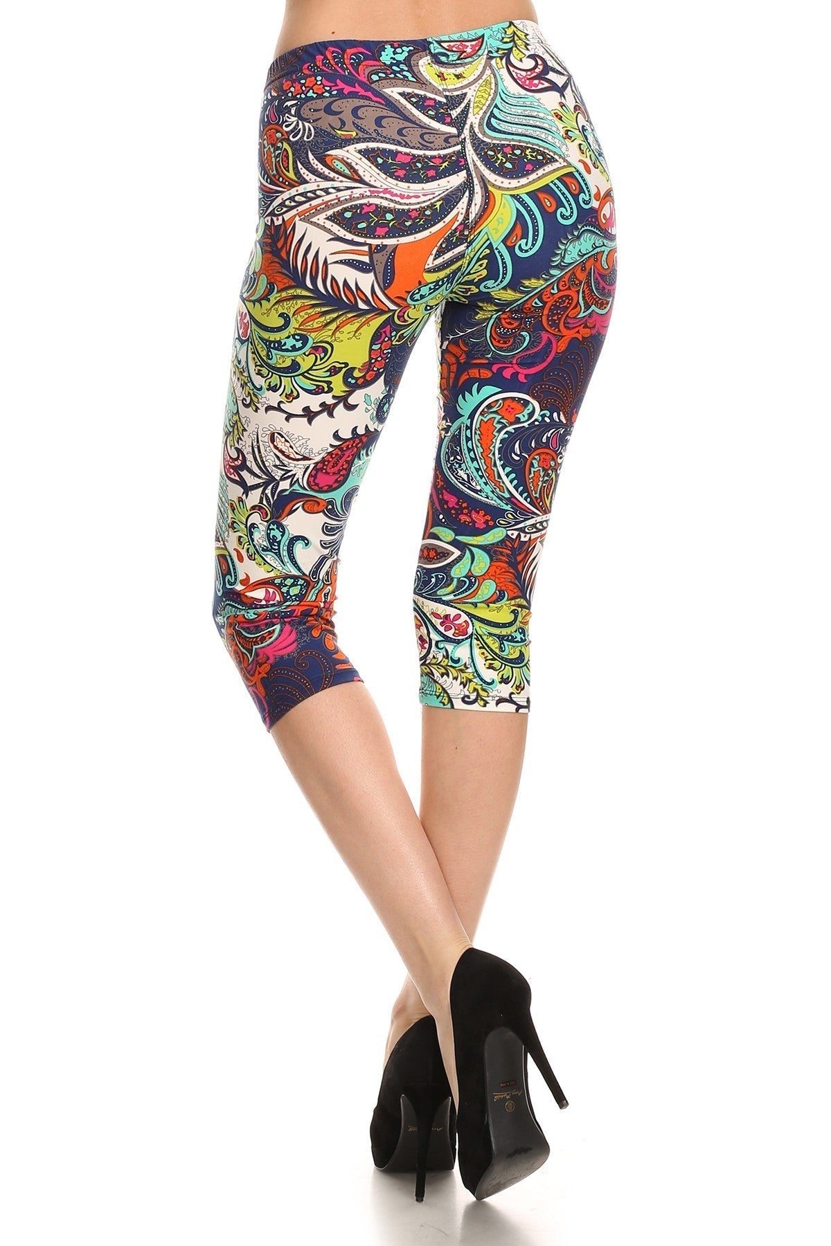Multi-color Ornate Print Cropped Length Fitted Leggings With High Elastic Waist. Bottoms jehouze 