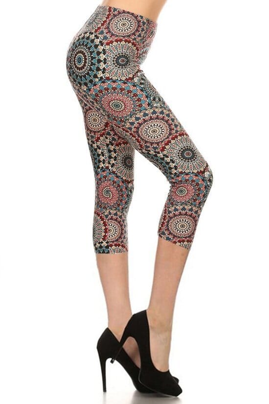 Multi-color Print, Cropped Capri Leggings In A Fitted Style With A Banded High Waist Bottoms jehouze 