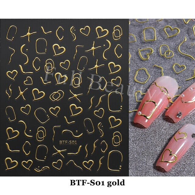 Nail Art Sticker Decals 3D Self Adhesive Luxurious Decoration DIY Acrylic Supplier jehouze BTF-S01 Gold 