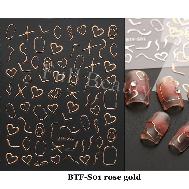 Nail Art Sticker Decals 3D Self Adhesive Luxurious Decoration DIY Acrylic Supplier jehouze BTF-S01 Rose Gold 