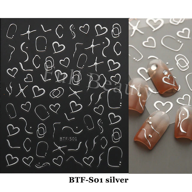 Nail Art Sticker Decals 3D Self Adhesive Luxurious Decoration DIY Acrylic Supplier jehouze BTF-S01 Silver 