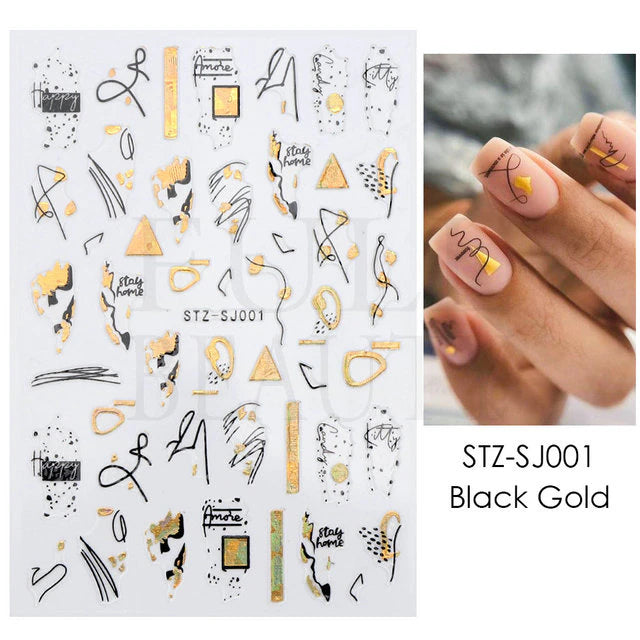 Nail Art Sticker Decals 3D Self Adhesive Luxurious Decoration DIY Acrylic Supplier jehouze STZ-SJ001 Black Gold 