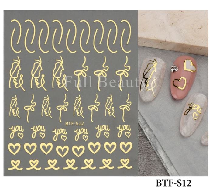 Nail Art Sticker Decals 5D Self Adhesive Luxurious Decoration DIY Acrylic Supplier jehouze BTF-S12 Gold 