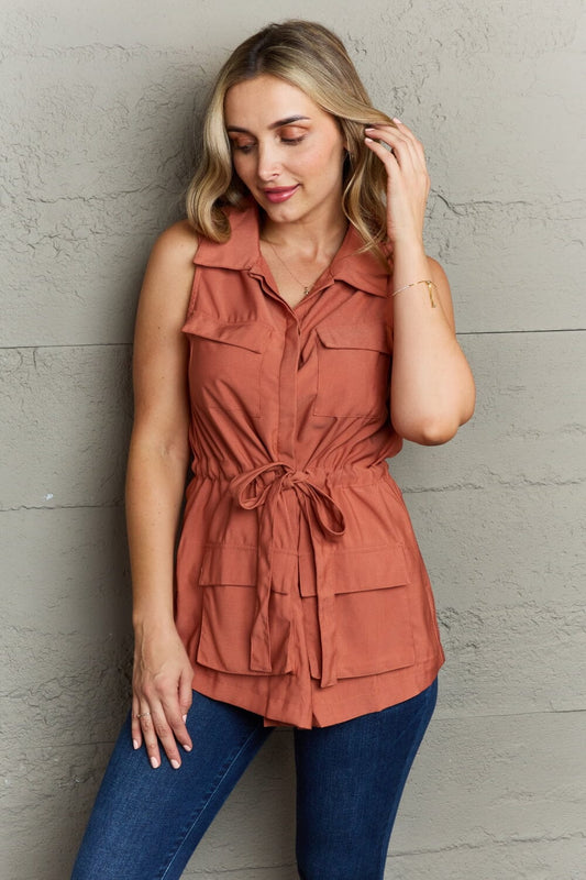 Ninexis Brick Red Sleeveless Collared Button Down Drawstring Top with pocket Shirts & Tops jehouze Brick Red S 