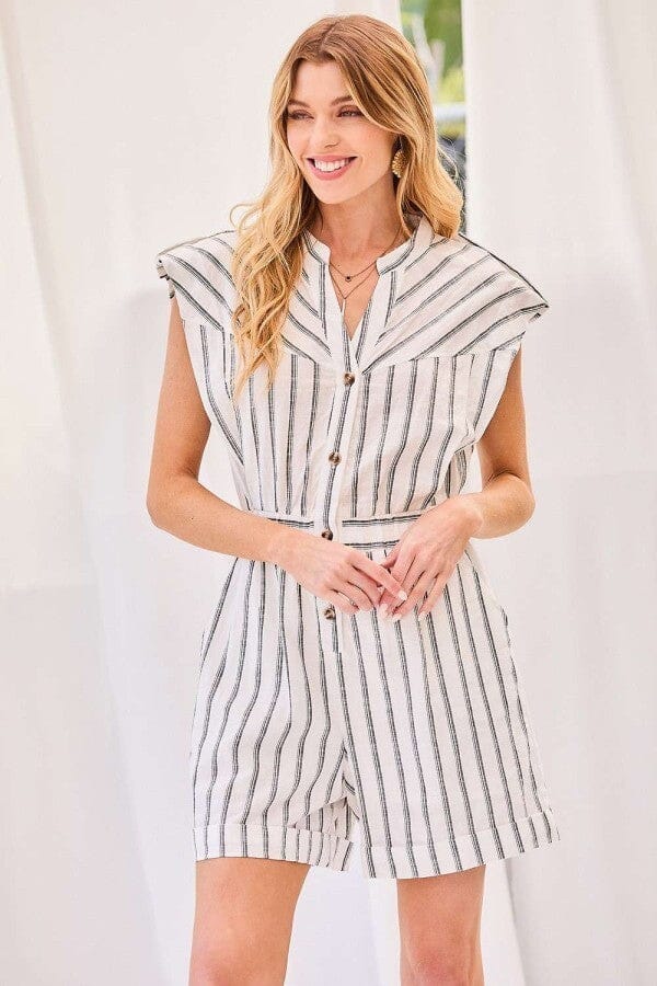 Off White Notched Neck Button Elastic Band Waist Stripe Pockets Romper Jumpsuits & Rompers jehouze S 