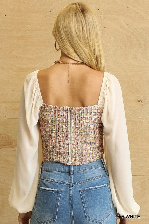 Off White Tweed Bodice And Chiffon Square Neck Long Puff Sleeve Slim Fit Crop Top Blouse jehouze 
