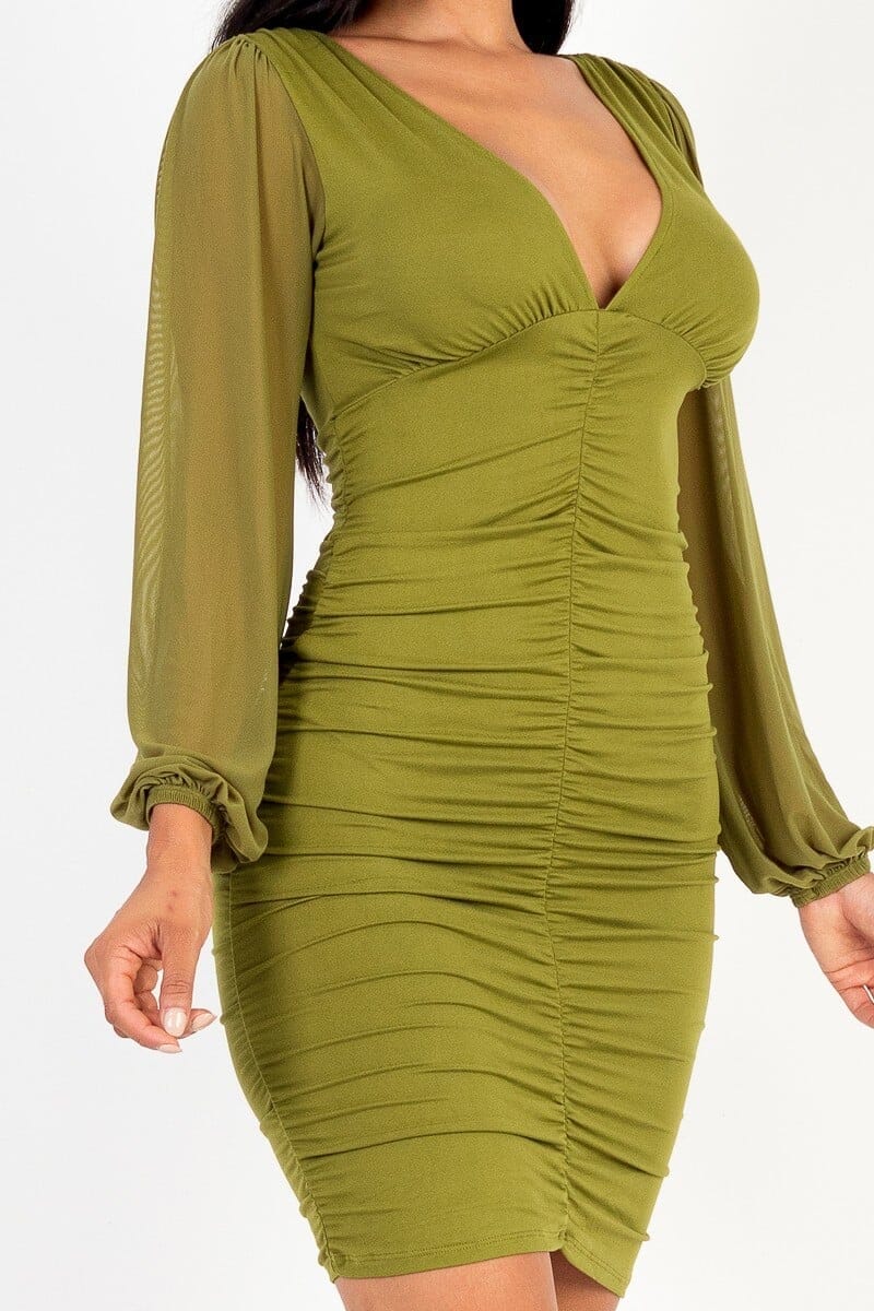 Olive Branch Green Ruched mesh long sleeve V neck mini dress jehouze 