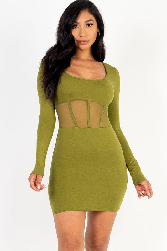 Olive Branch Green Square neck Long Sleeve Mesh corset Bodycon mini dress jehouze 