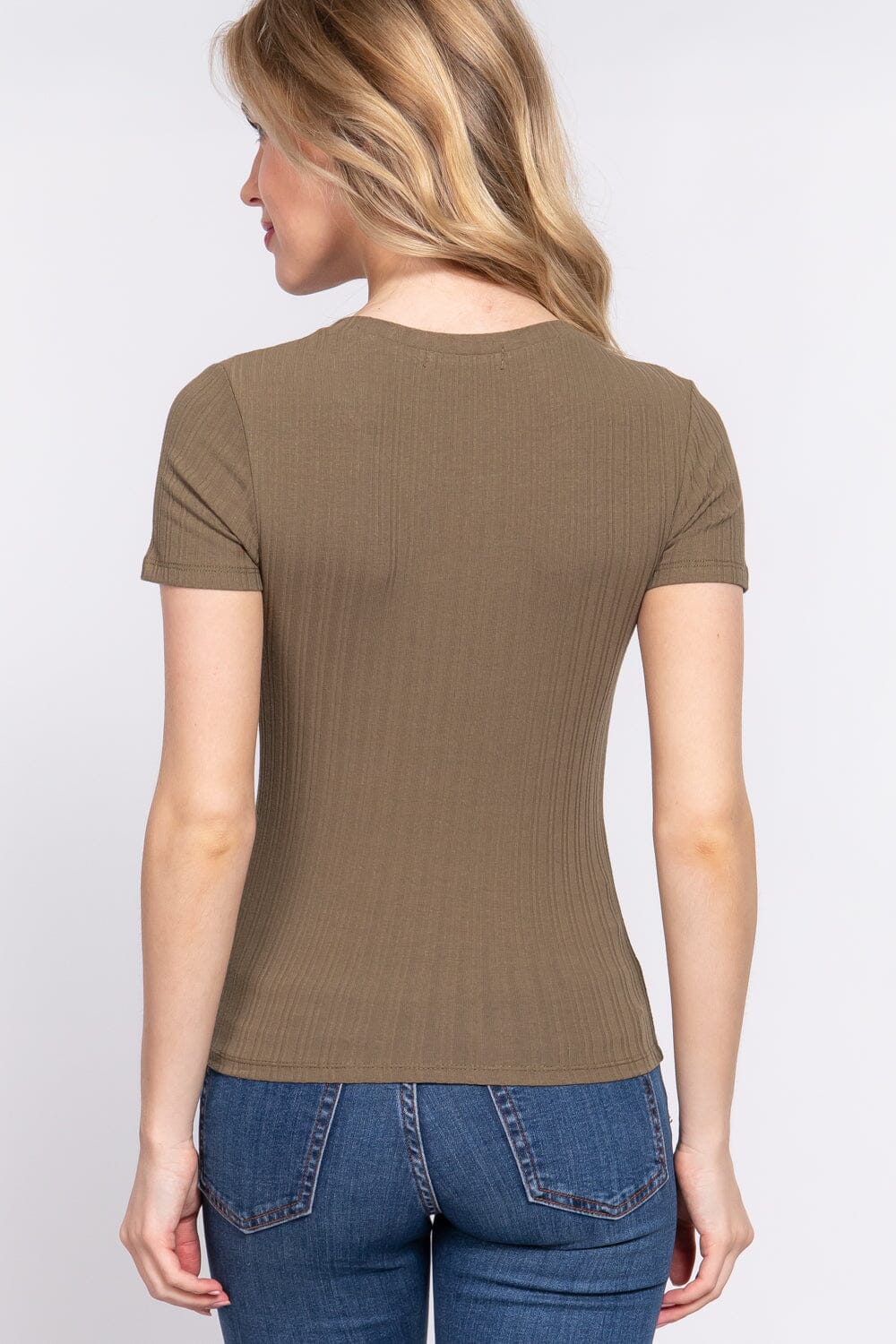 Olive Green Basic Casual Short Sleeve Crew Neck Variegated Rib Knit Top Shirts & Tops jehouze 