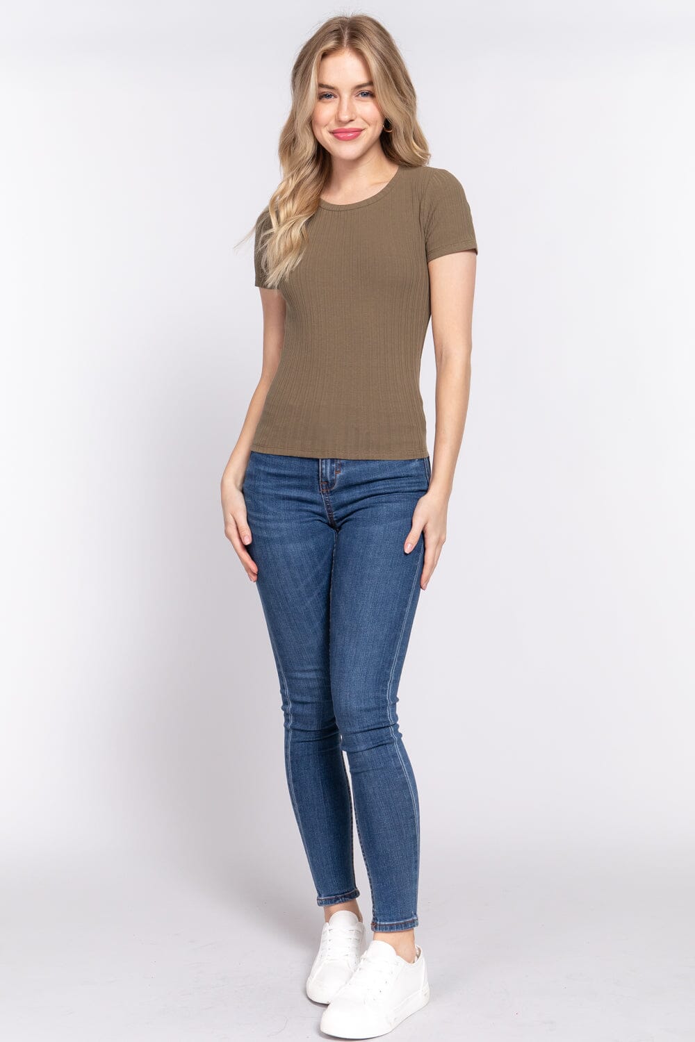 Olive Green Basic Casual Short Sleeve Crew Neck Variegated Rib Knit Top Shirts & Tops jehouze S 