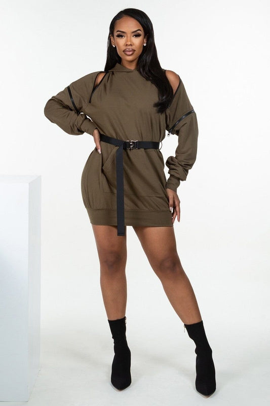 Olive Green Double Zipper Long Sleeve Hooded Mini Dress jehouze 