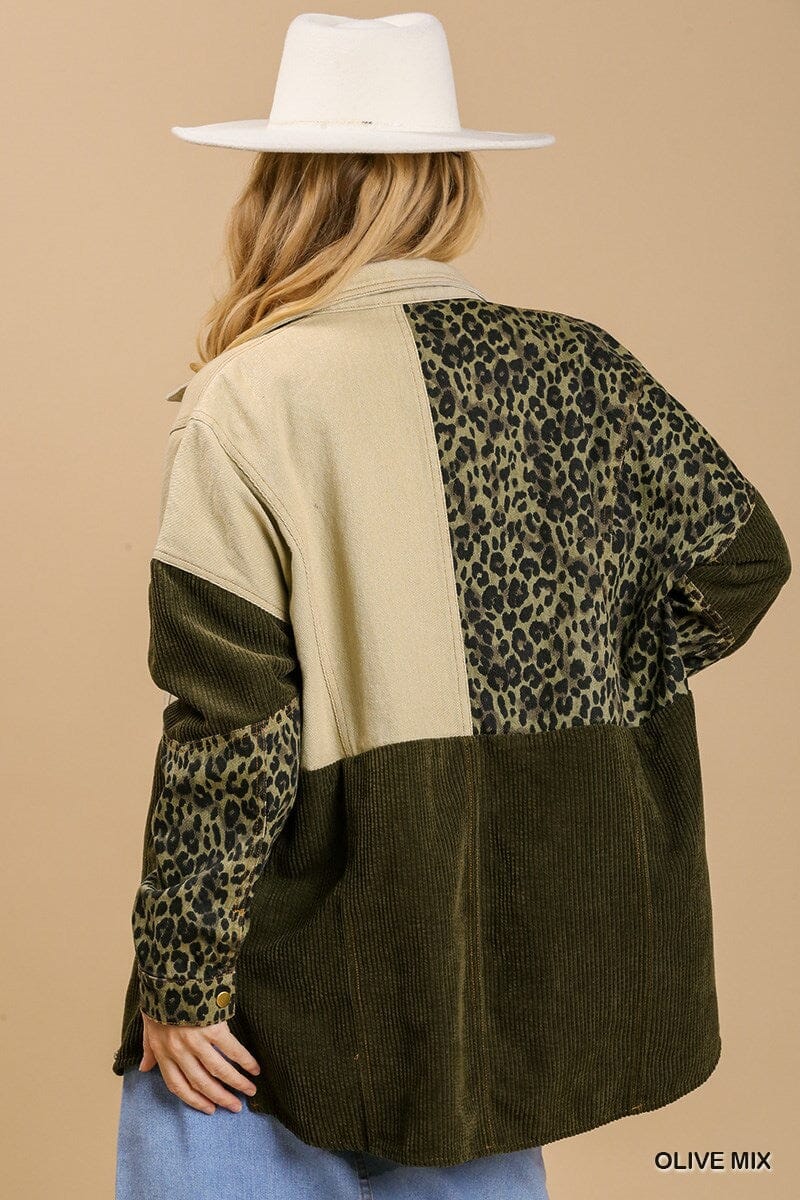 Olive Green Mix Mineral wash color block outerwear Long Sleeve Oversized shacket jehouze 