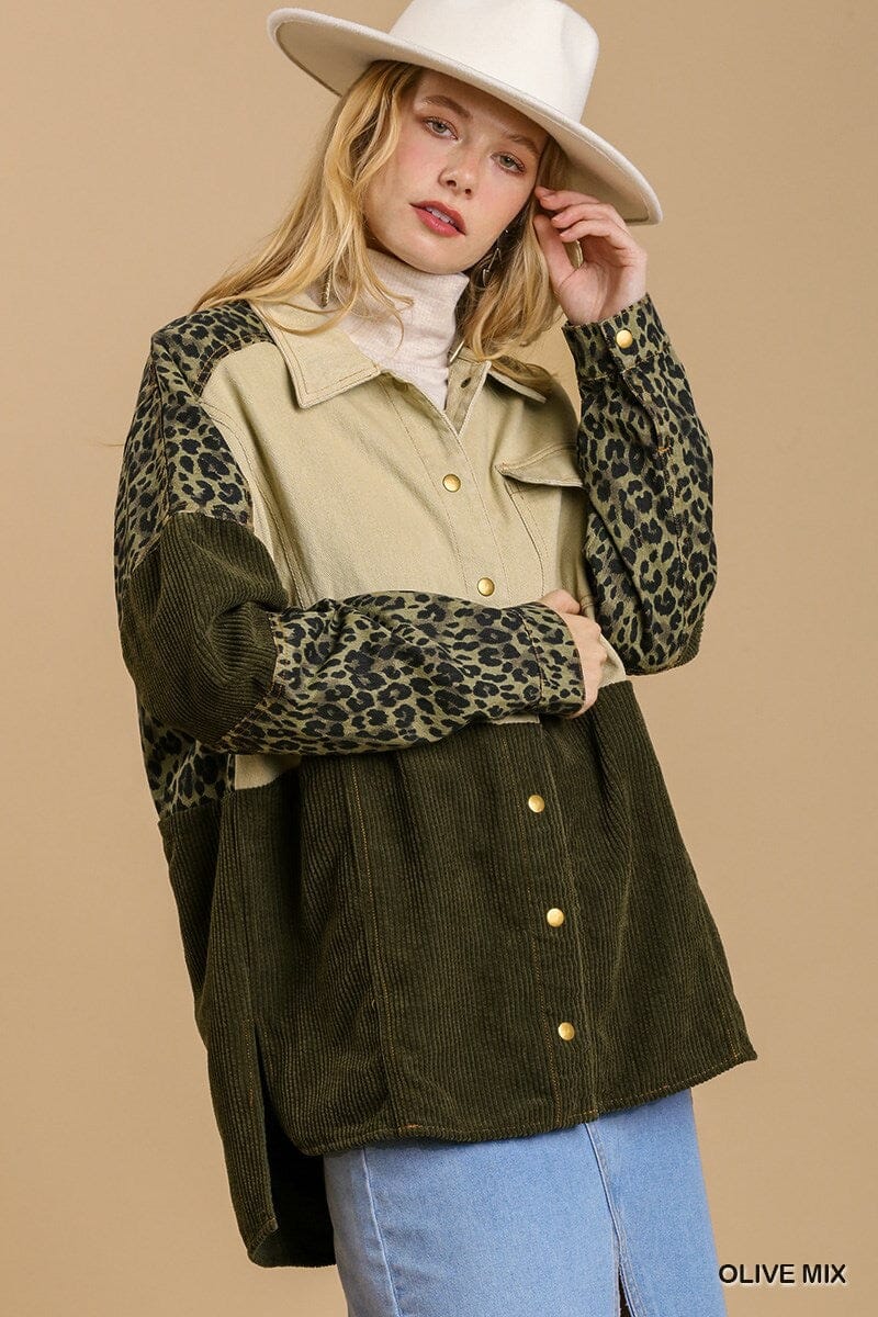 Olive Green Mix Mineral wash color block outerwear Long Sleeve Oversized shacket jehouze 