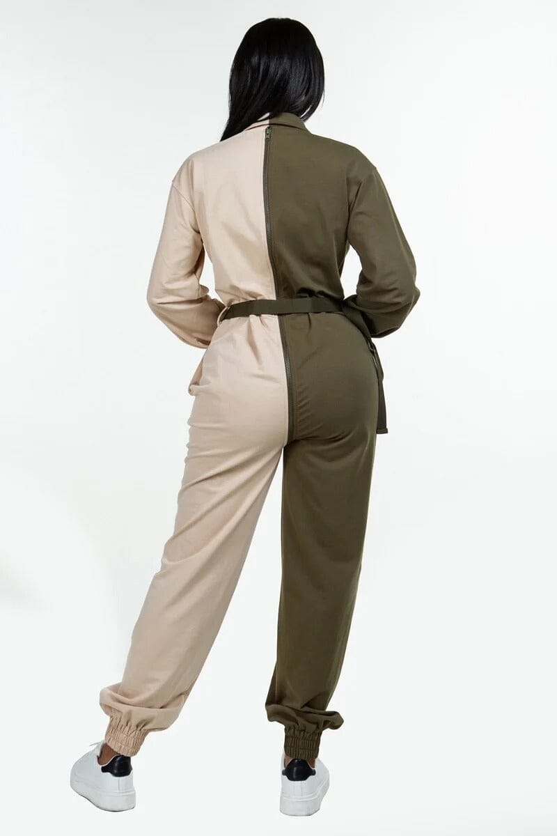 Olive Khaki Contrast Long Sleeve Front Zipper Oversized Cozy Shirt Jumpsuit jehouze 